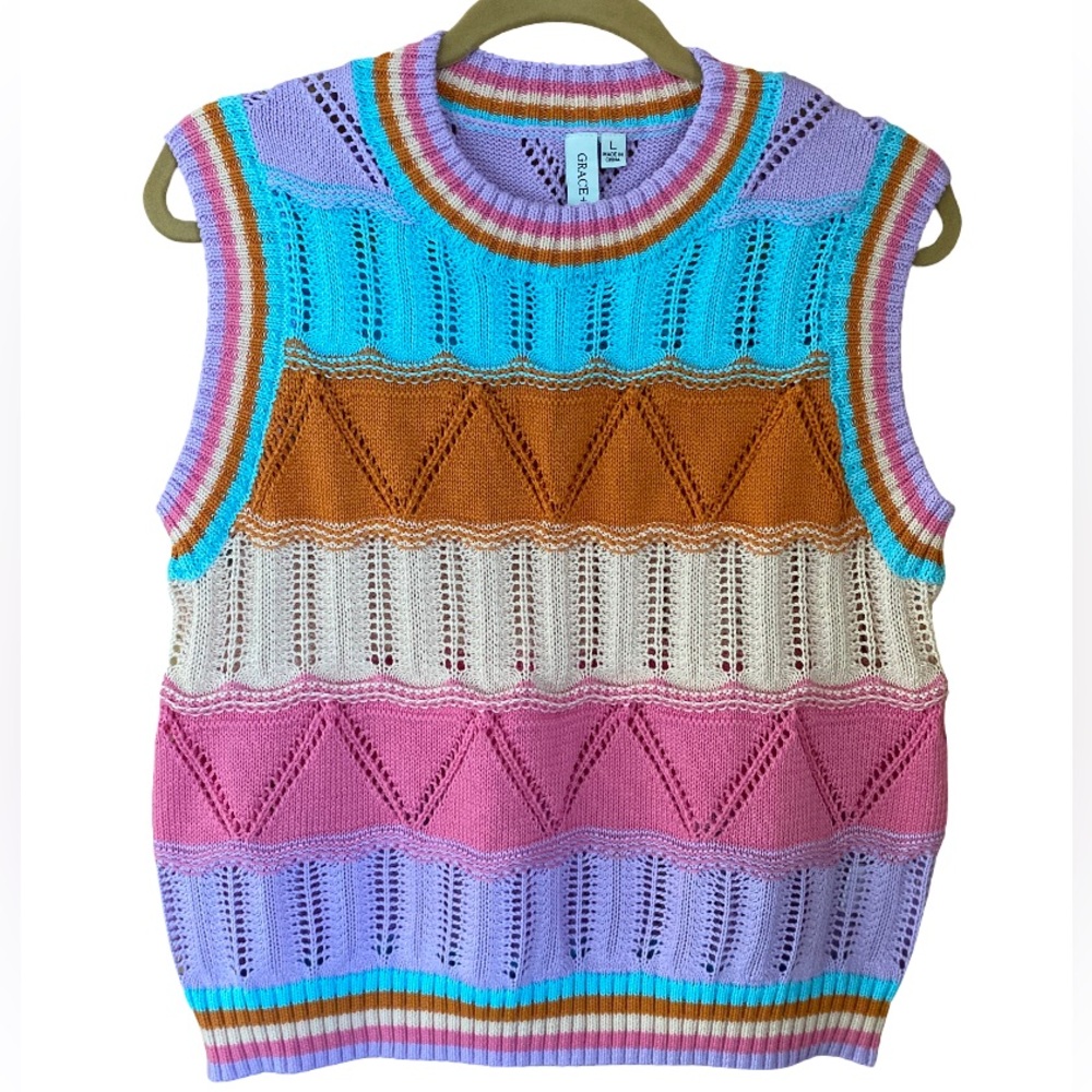 Grace+Karma Y2K striped crochet knit sweater vest sleeveless top size large
